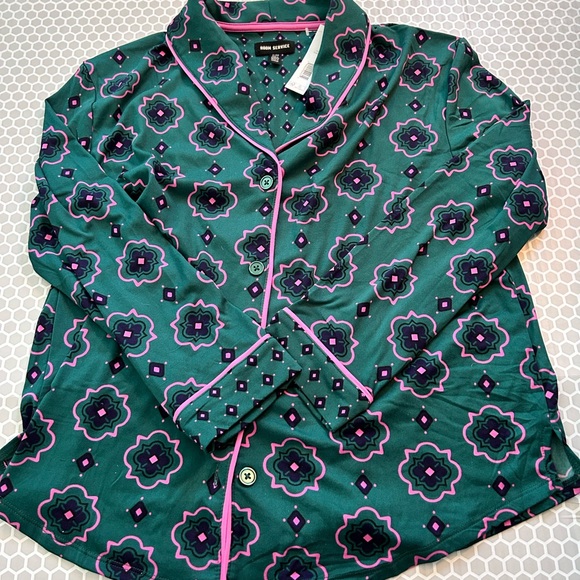 NWT Teal Floral-Print Pajama Set with Pink Piping Size XL - Picture 2 of 7